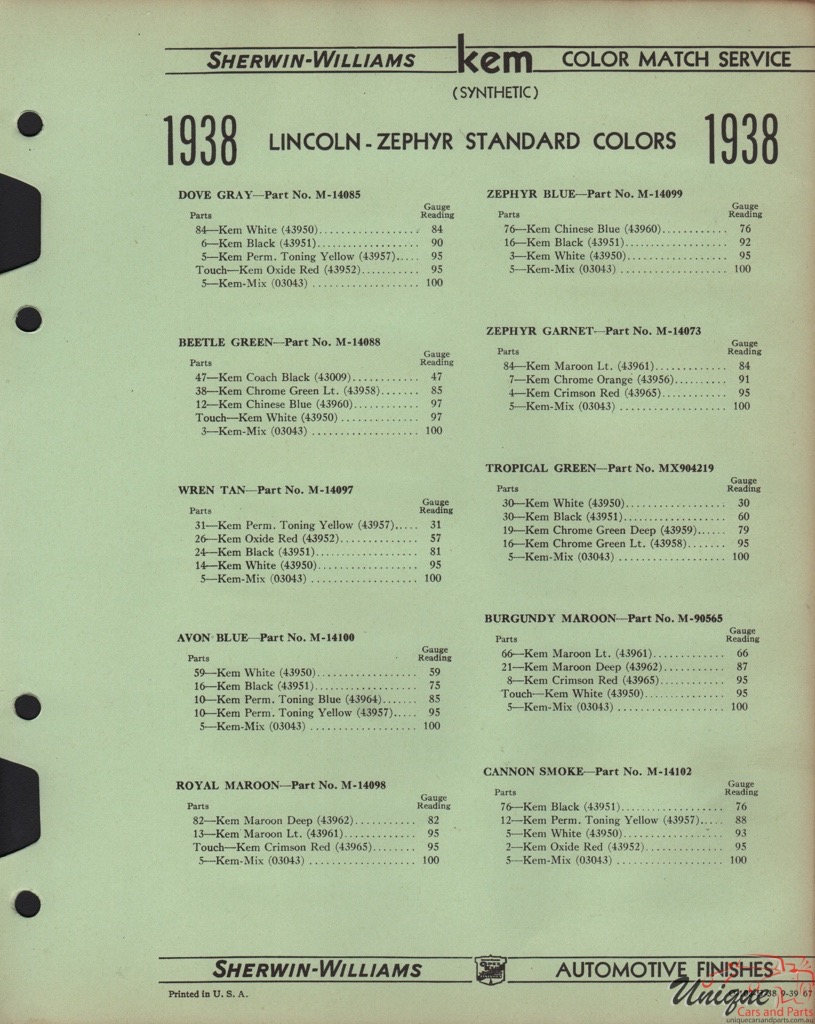 1938 Lincoln Paint Charts Williams 3